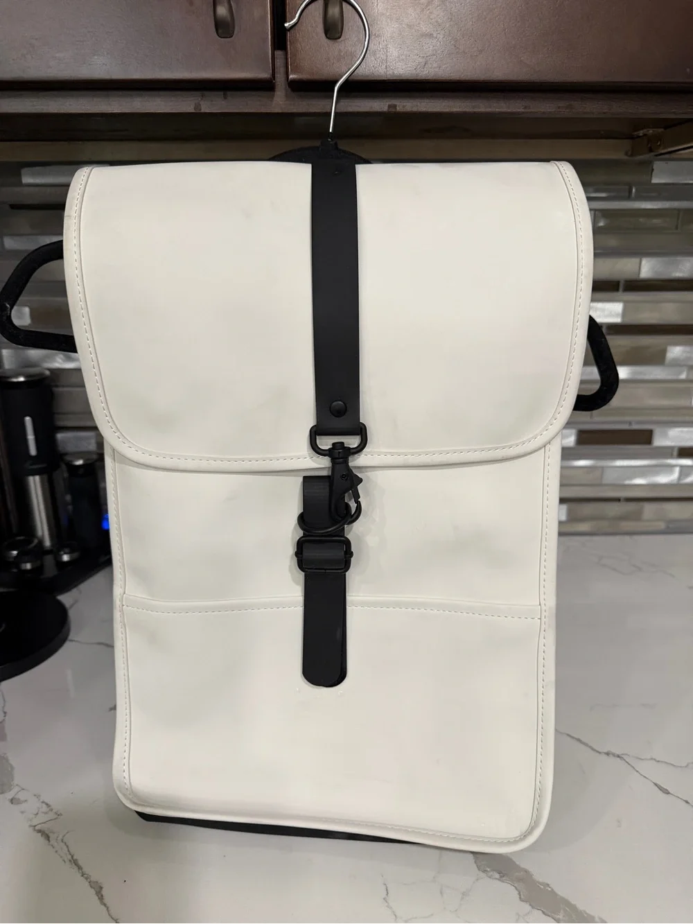 Rains White Laptop Backpack with Black Strap